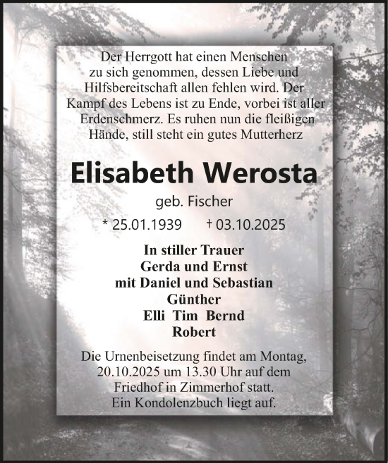 Traueranzeige von Elisabeth Werosta von GESAMT