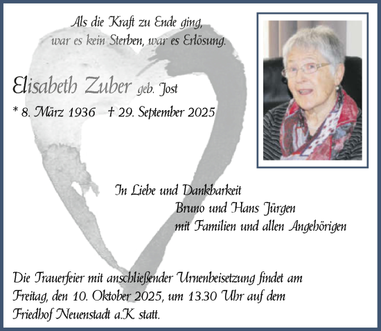 Traueranzeige von Elisabeth Zuber von GESAMT