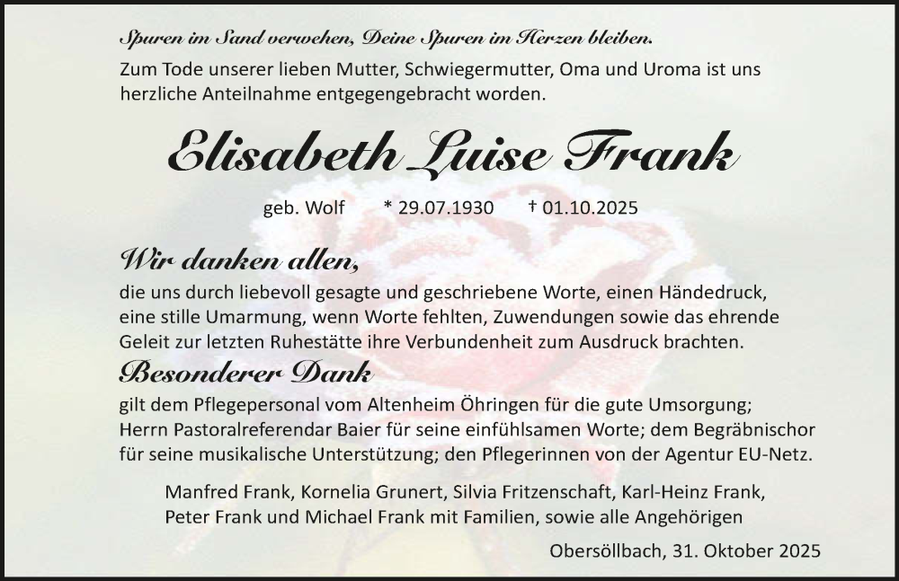  Traueranzeige für Elisabeth Luise Frank vom 31.10.2025 aus GESAMT