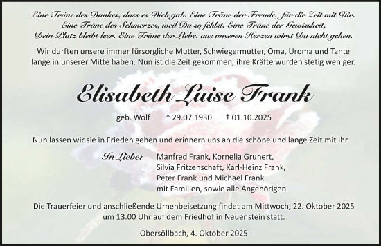 Traueranzeige von Elisabeth Luise Frank von GESAMT