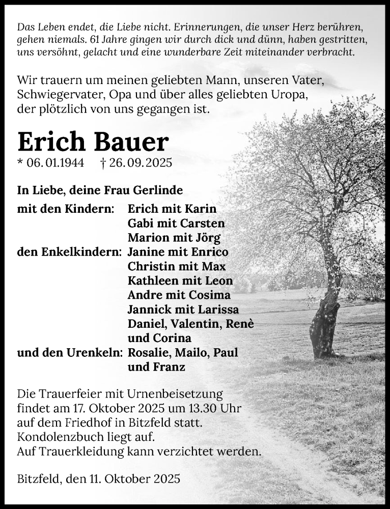  Traueranzeige für Erich Bauer vom 11.10.2025 aus GESAMT