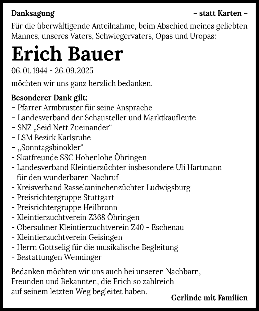  Traueranzeige für Erich Bauer vom 25.10.2025 aus GESAMT