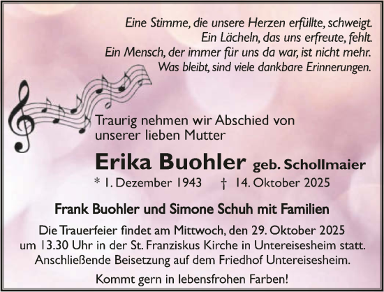 Traueranzeige von Erika Buohler von GESAMT