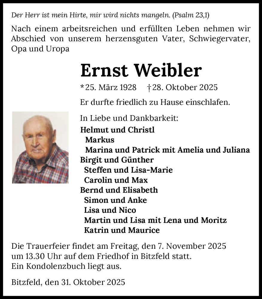  Traueranzeige für Ernst Weibler vom 31.10.2025 aus GESAMT