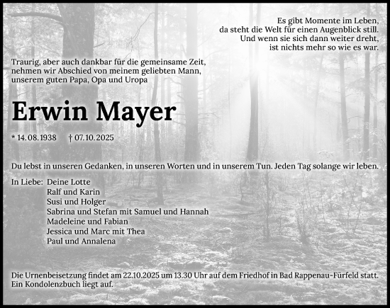 Traueranzeige von Erwin Mayer von GESAMT
