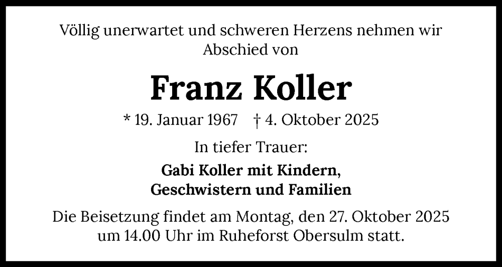  Traueranzeige für Franz Koller vom 23.10.2025 aus GESAMT
