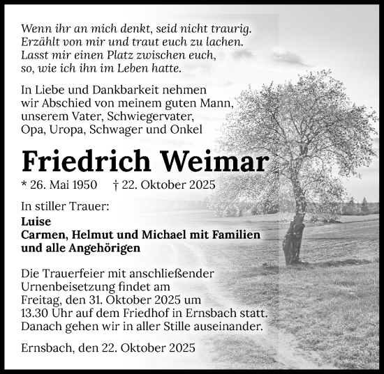Traueranzeige von Friedrich Weimar von GESAMT