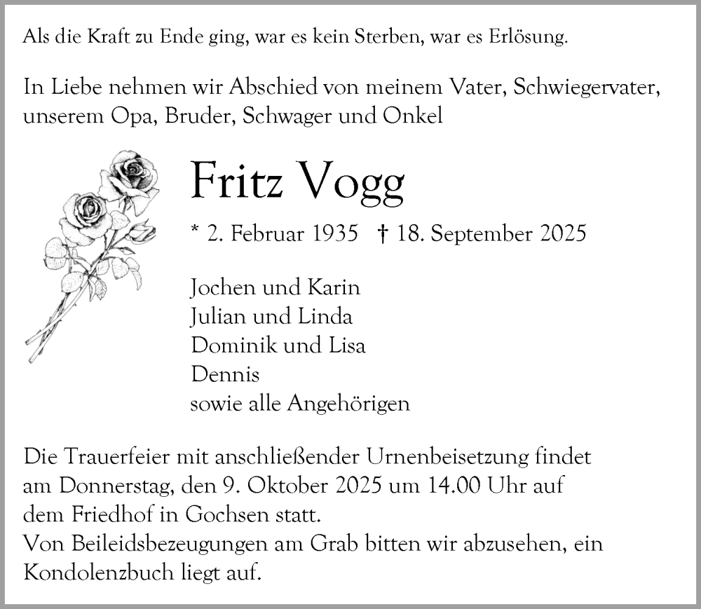  Traueranzeige für Fritz Vogg vom 04.10.2025 aus GESAMT