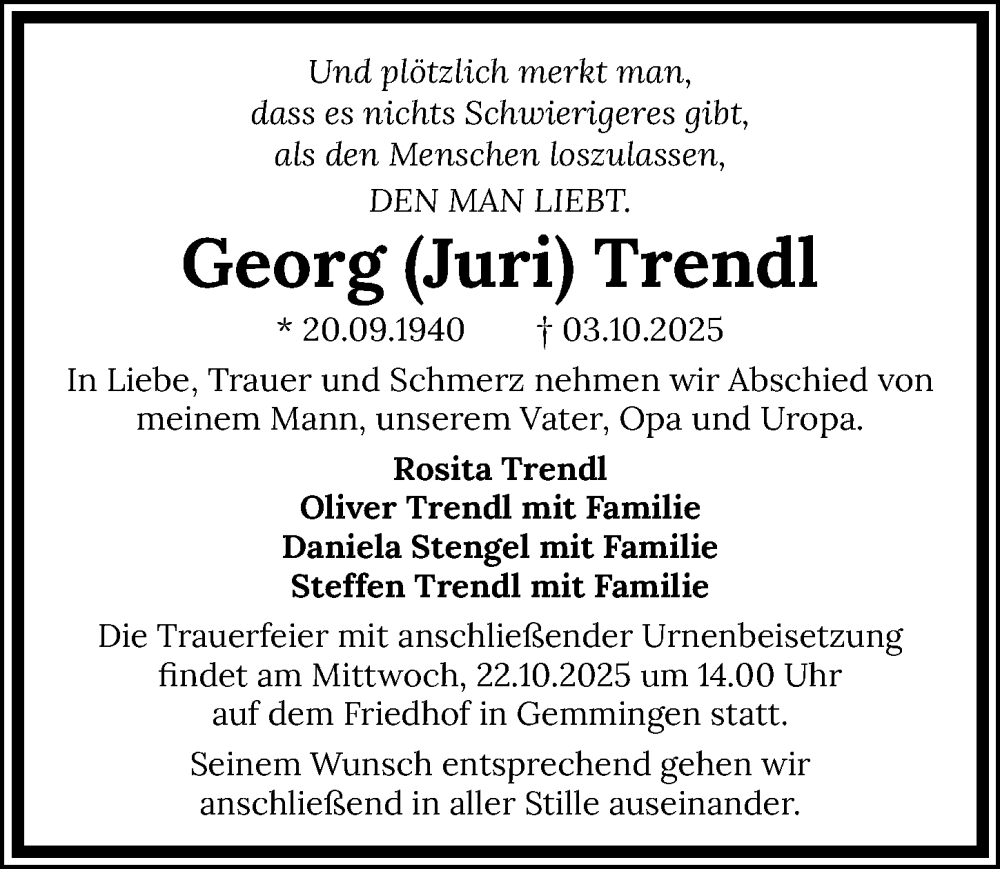  Traueranzeige für Georg Trendl vom 18.10.2025 aus GESAMT