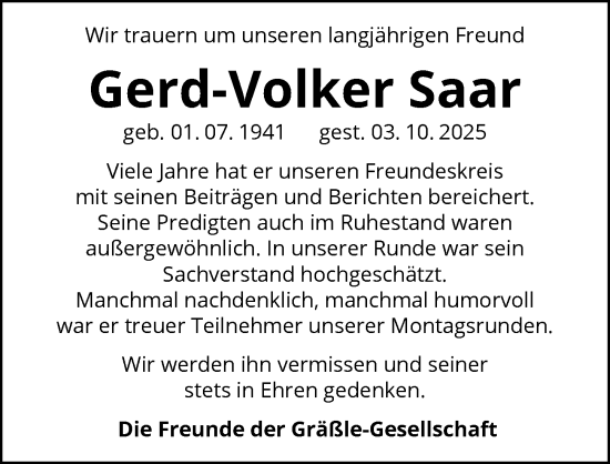 Traueranzeige von Gerd-Volker Saar von GESAMT