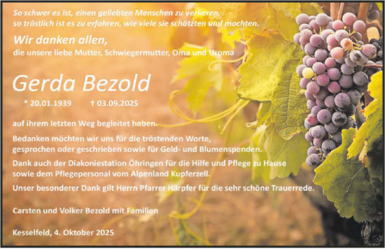 Traueranzeige von Gerda Bezold von GESAMT