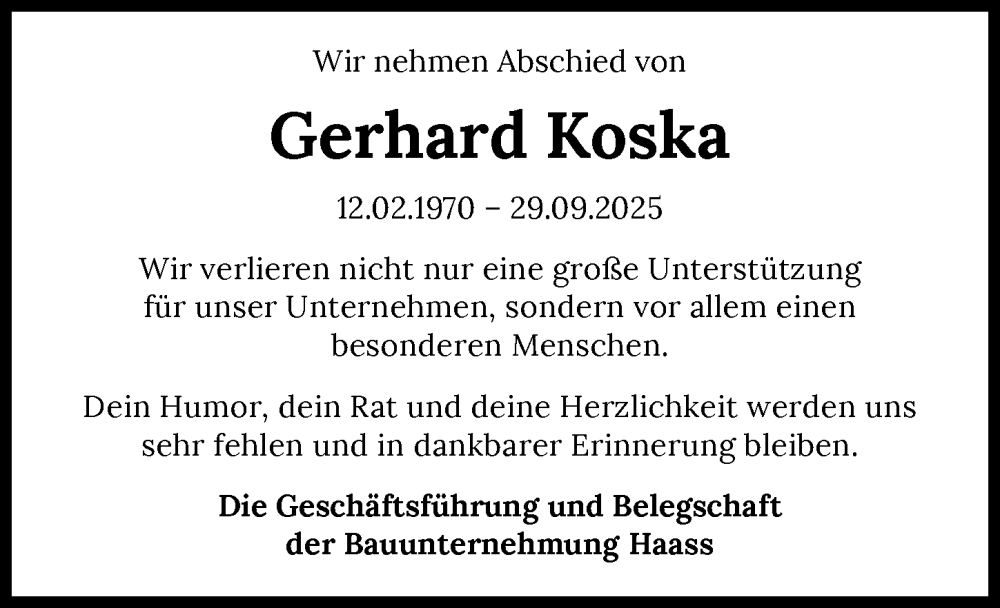  Traueranzeige für Gerhard Koska vom 04.10.2025 aus GESAMT