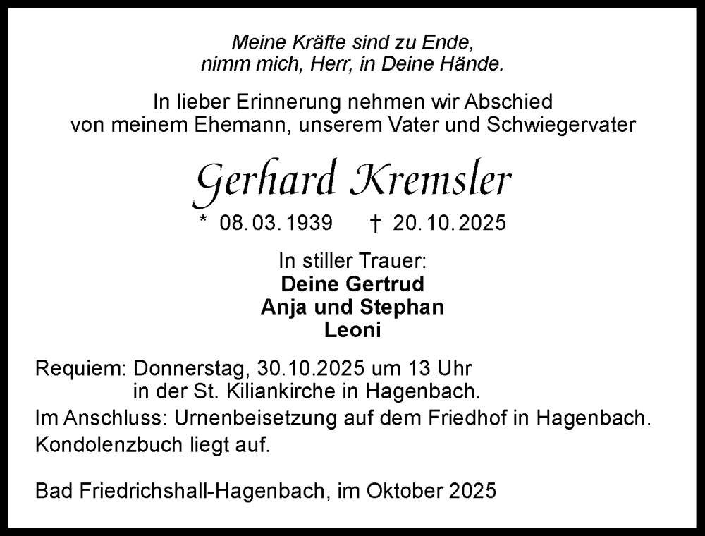  Traueranzeige für Gerhard Kremsler vom 25.10.2025 aus GESAMT