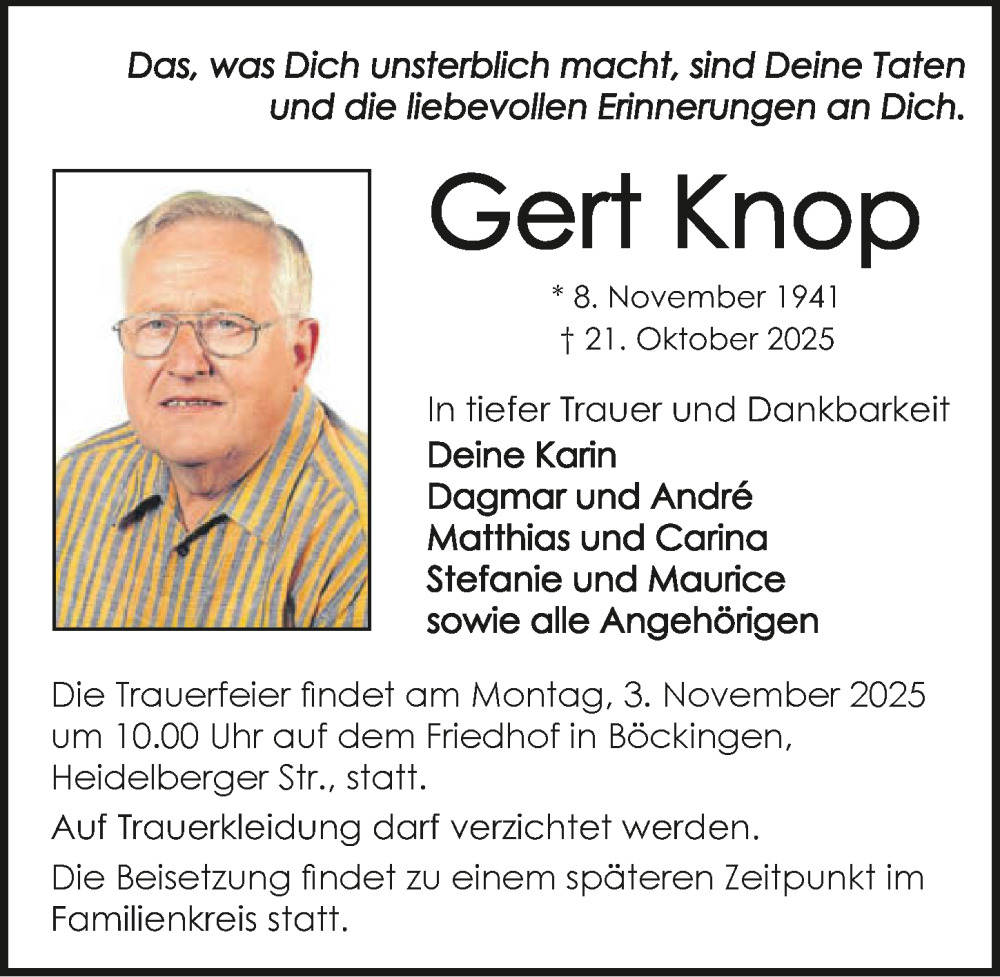  Traueranzeige für Gert Knop vom 25.10.2025 aus GESAMT