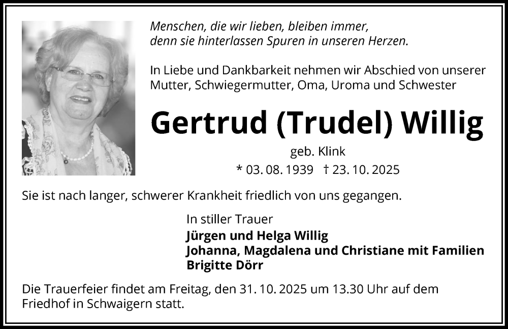  Traueranzeige für Gertrud Willig vom 28.10.2025 aus GESAMT
