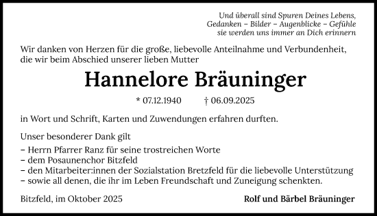 Traueranzeige von Hannelore Bräuninger von GESAMT