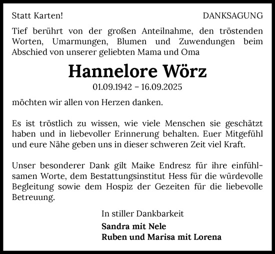 Traueranzeige von Hannelore Wörz von GESAMT