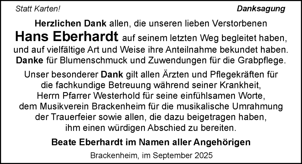  Traueranzeige für Hans Eberhardt vom 04.10.2025 aus GESAMT