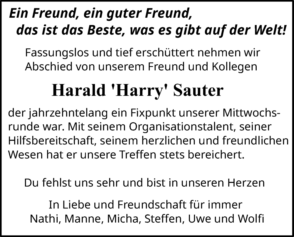  Traueranzeige für Harald Sauter vom 24.10.2025 aus GESAMT