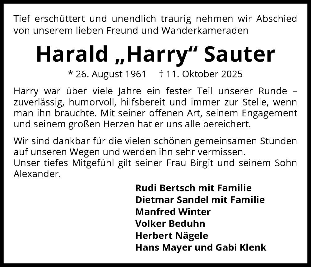  Traueranzeige für Harald Sauter vom 18.10.2025 aus GESAMT