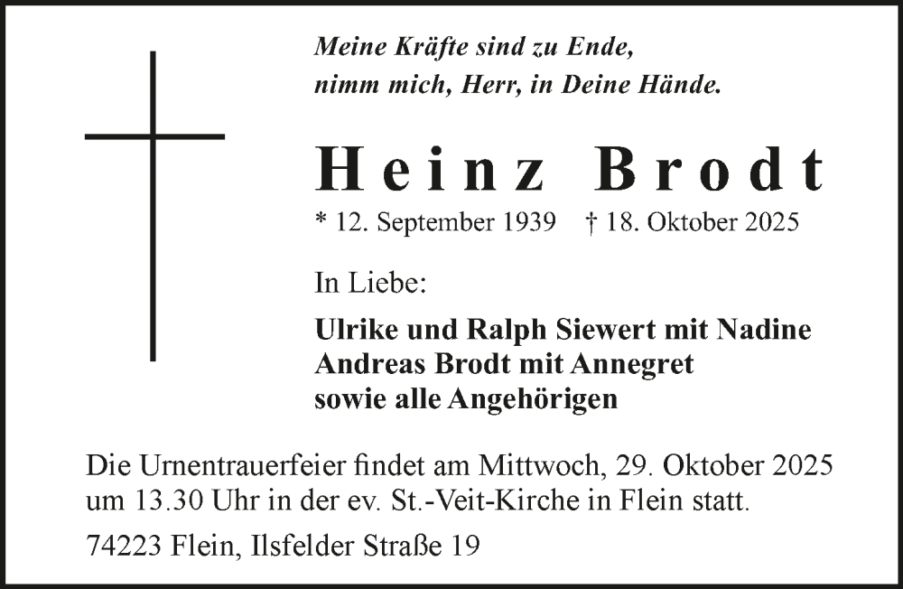  Traueranzeige für Heinz Brodt vom 25.10.2025 aus GESAMT
