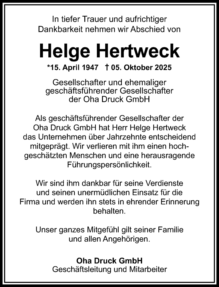  Traueranzeige für Helge Hertweck vom 09.10.2025 aus GESAMT