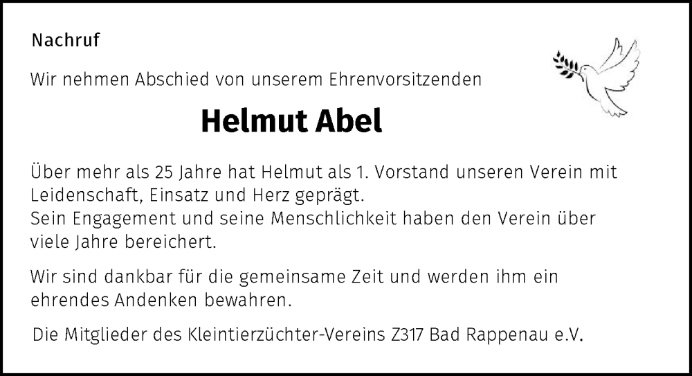  Traueranzeige für Helmut Abel vom 29.10.2025 aus GESAMT