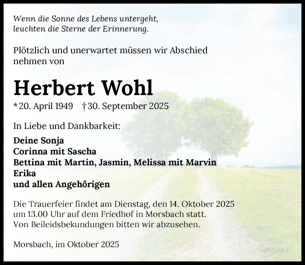  Traueranzeige für Herbert Wohl vom 09.10.2025 aus GESAMT