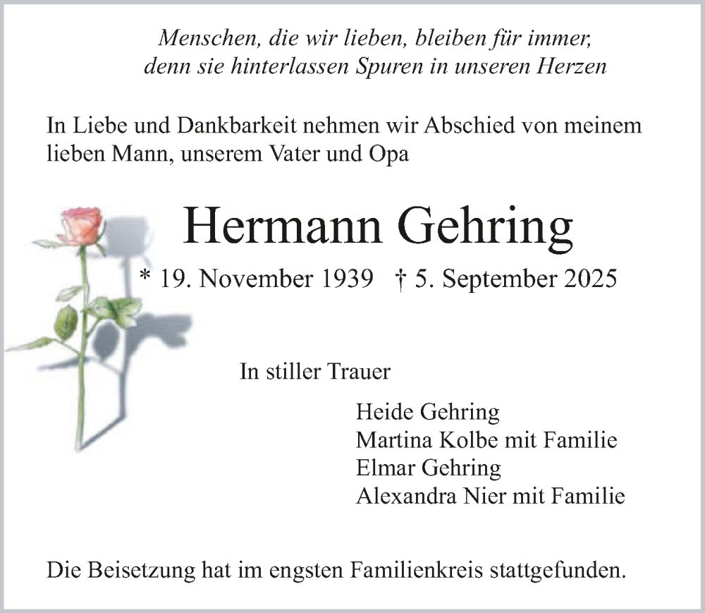  Traueranzeige für Hermann Gehring vom 25.10.2025 aus GESAMT