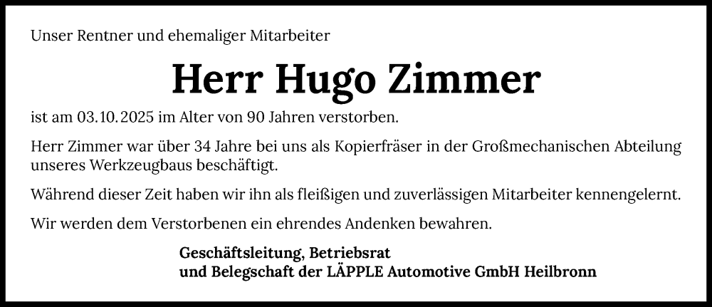  Traueranzeige für Hugo Zimmer vom 18.10.2025 aus GESAMT