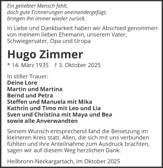 Traueranzeige von Hugo Zimmer von GESAMT
