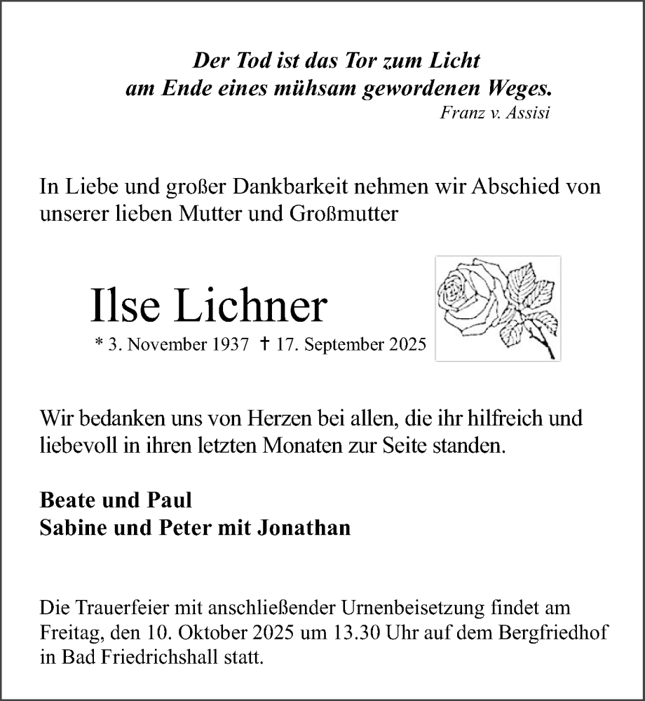  Traueranzeige für Ilse Lichner vom 02.10.2025 aus GESAMT