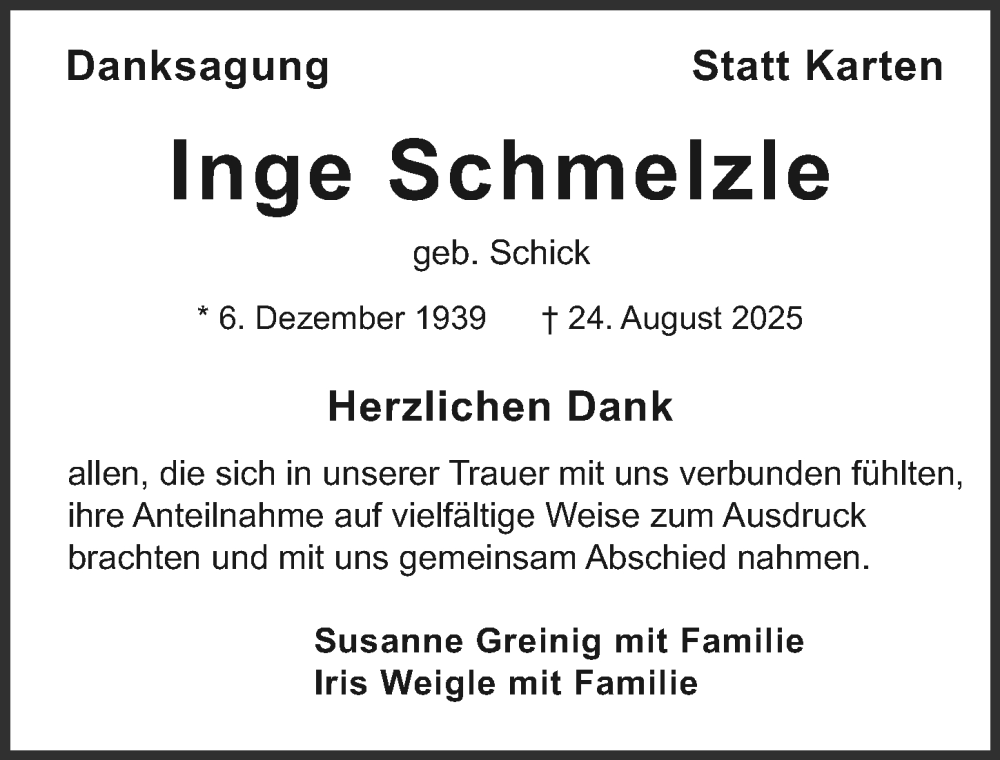  Traueranzeige für Inge Schmelzle vom 04.10.2025 aus GESAMT