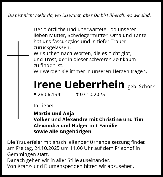Traueranzeige von Irene Ueberrhein von GESAMT