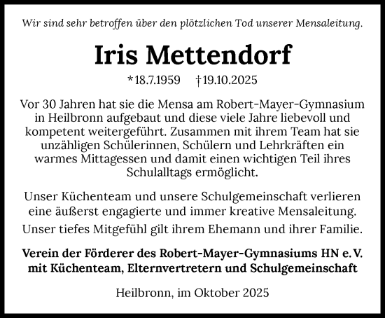 Traueranzeige von Iris Mettendorf von GESAMT