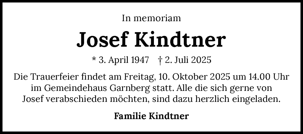  Traueranzeige für Josef Kindtner vom 08.10.2025 aus GESAMT