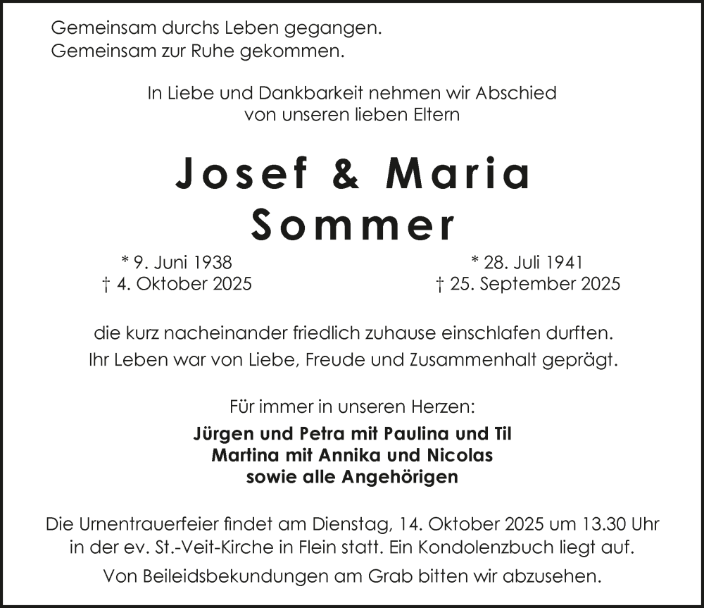  Traueranzeige für Josef Sommer vom 08.10.2025 aus GESAMT