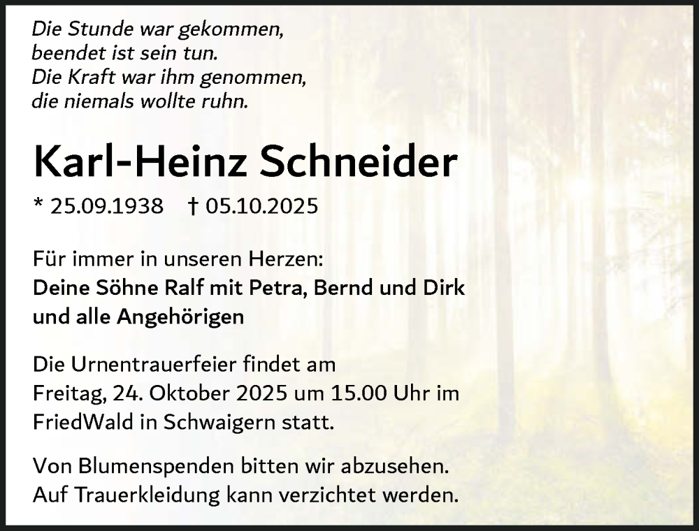  Traueranzeige für Karl-Heinz Schneider vom 11.10.2025 aus GESAMT