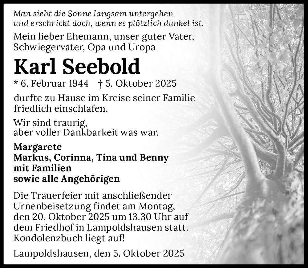  Traueranzeige für Karl Seebold vom 11.10.2025 aus GESAMT