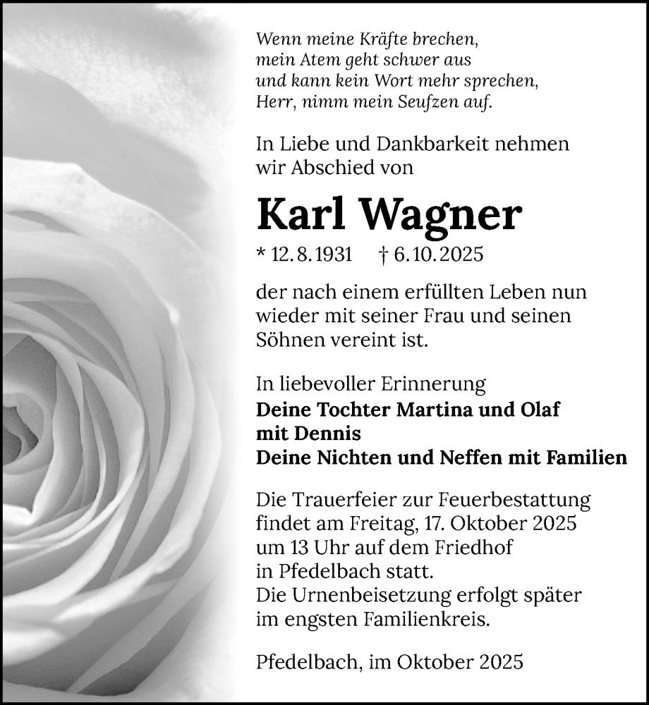  Traueranzeige für Karl Wagner vom 13.10.2025 aus GESAMT