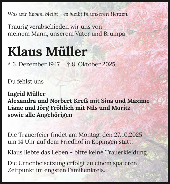Traueranzeige von Klaus Müller von GESAMT