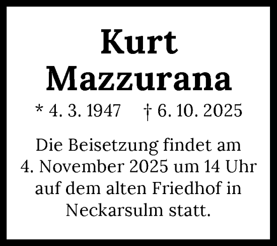 Traueranzeige von Kurt Mazzurana von GESAMT