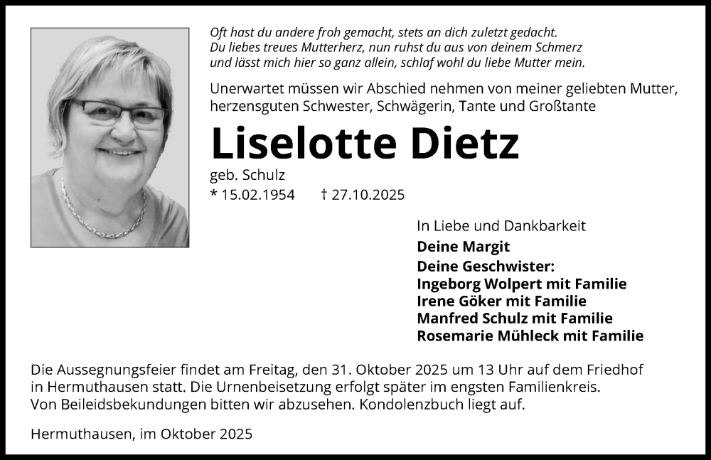  Traueranzeige für Liselotte Dietz vom 29.10.2025 aus GESAMT