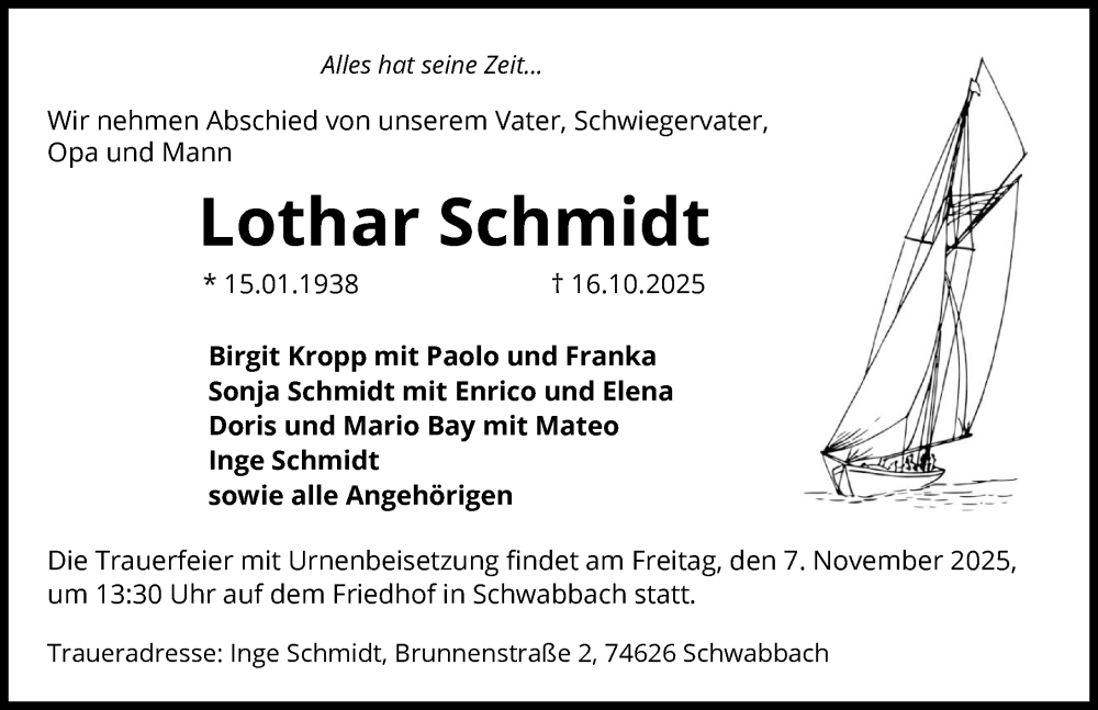  Traueranzeige für Lothar Schmidt vom 31.10.2025 aus GESAMT