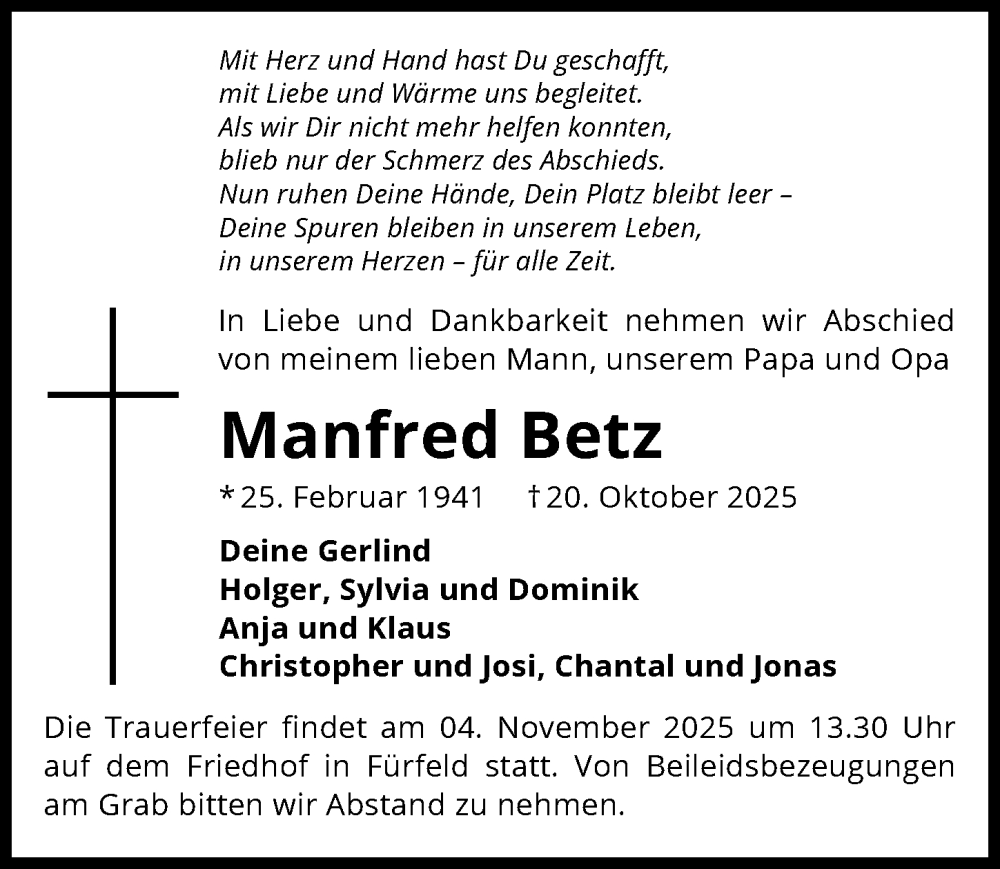  Traueranzeige für Manfred Betz vom 31.10.2025 aus GESAMT