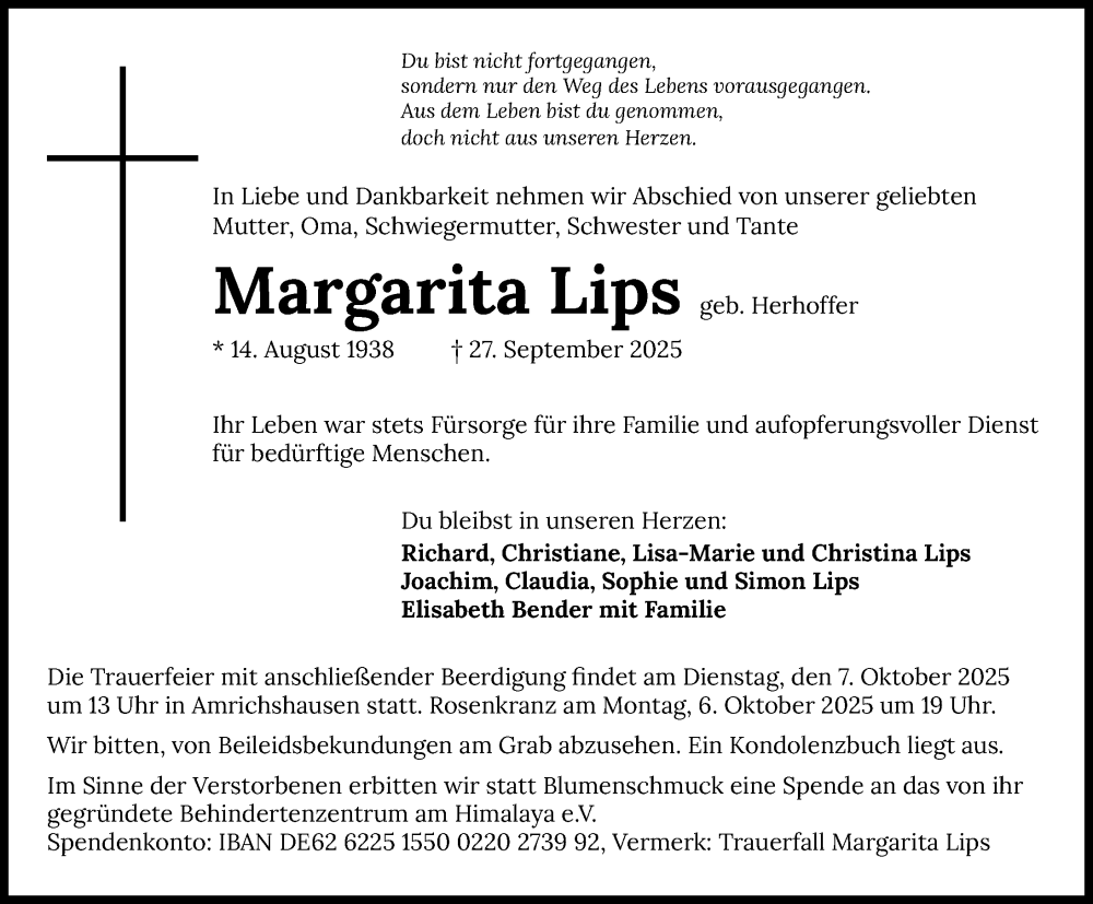  Traueranzeige für Margarita Lips vom 02.10.2025 aus GESAMT