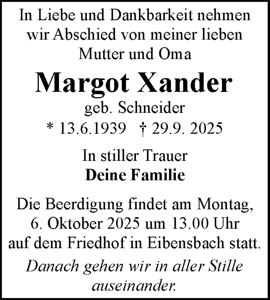  Traueranzeige für Margot Xander vom 02.10.2025 aus GESAMT