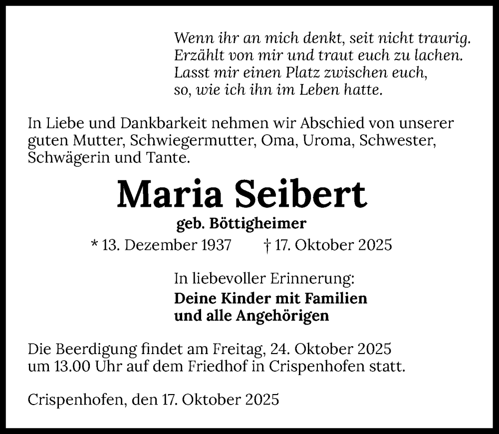  Traueranzeige für Maria Seibert vom 21.10.2025 aus GESAMT