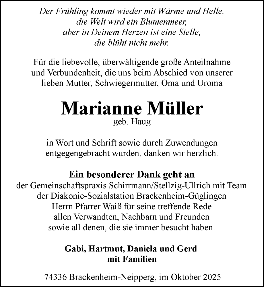 Traueranzeige für Marianne Müller vom 24.10.2025 aus GESAMT