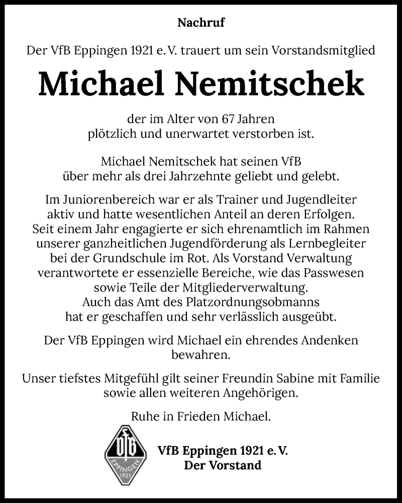  Traueranzeige für Michael Nemitschek vom 18.10.2025 aus GESAMT